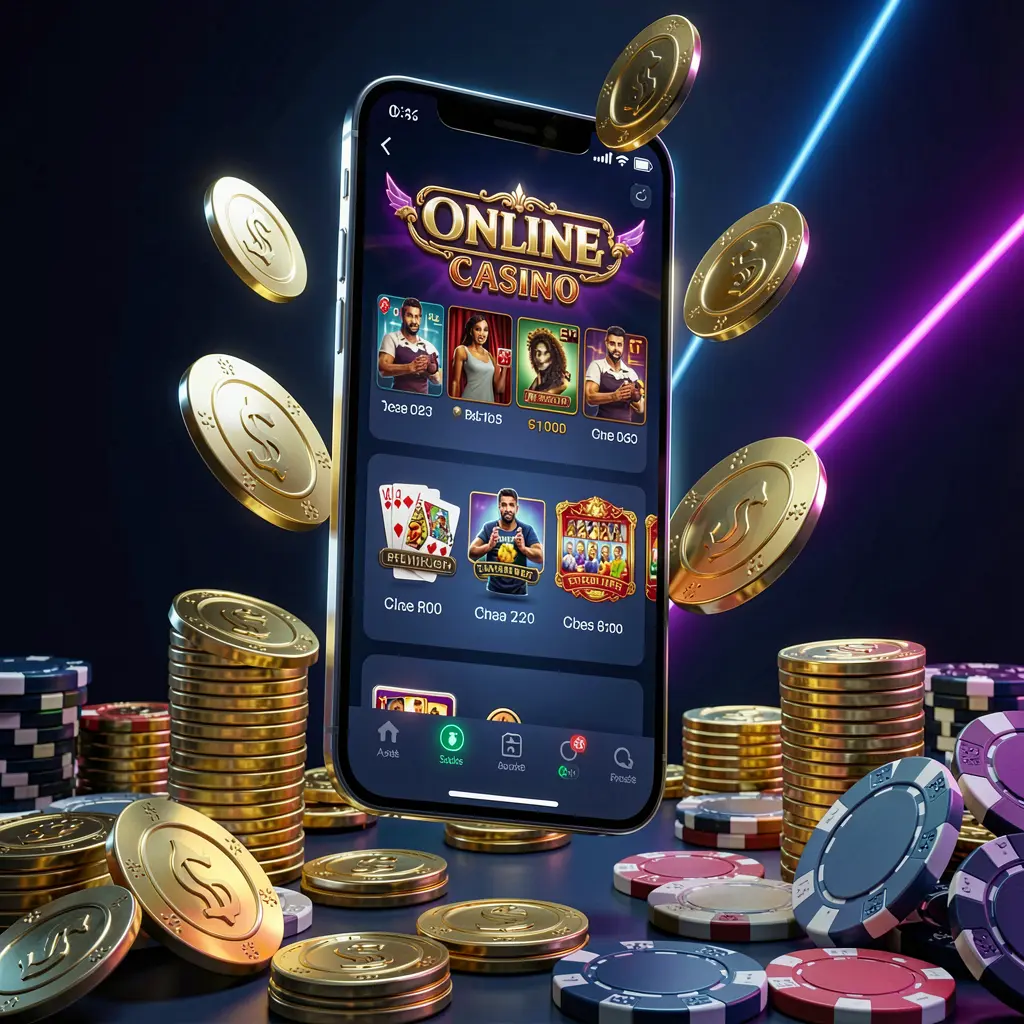 FX 99 online casino app promotion banner with a phone floating above golden coins and poker chips against a dark blue and black background with cinematic neon glow in a realistic 3D render