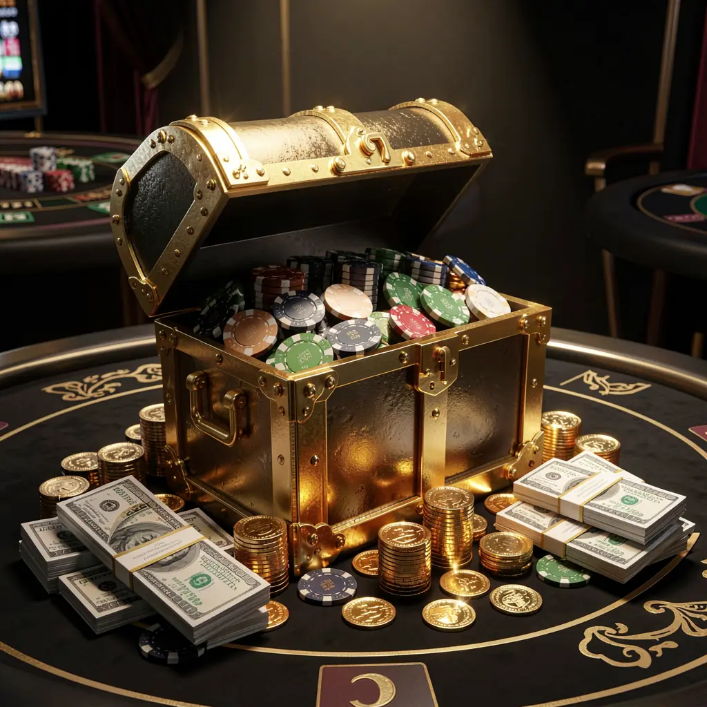 FX 99 casino rewards scene featuring a golden treasure chest filled with chips, cash bundles, and sparkling coins in an elegant black and gold style with dramatic lighting