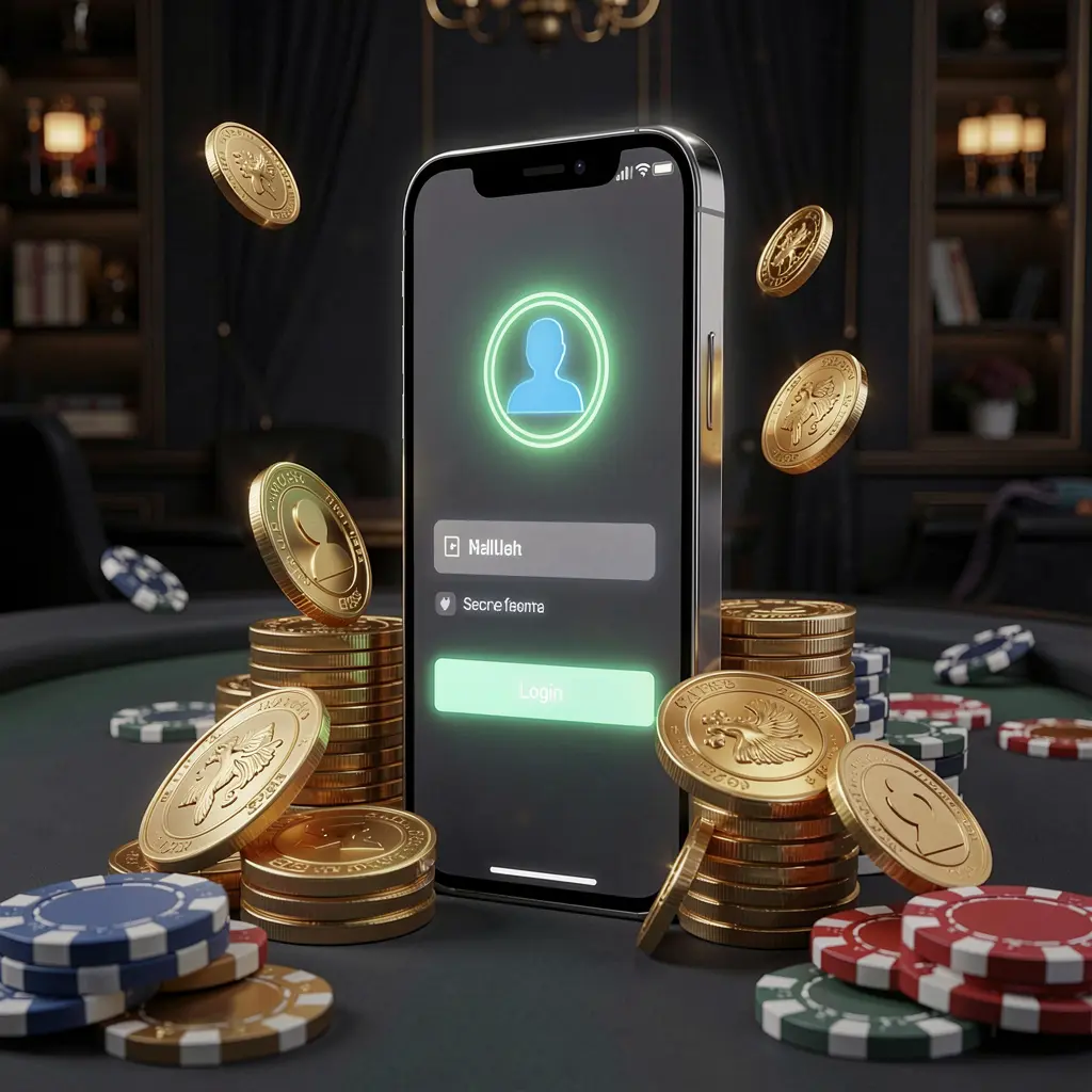 FX 99 online casino login page hero banner featuring a modern smartphone with secure login screen, glowing user profile icon, golden coins and poker chips around it on a dark luxury background