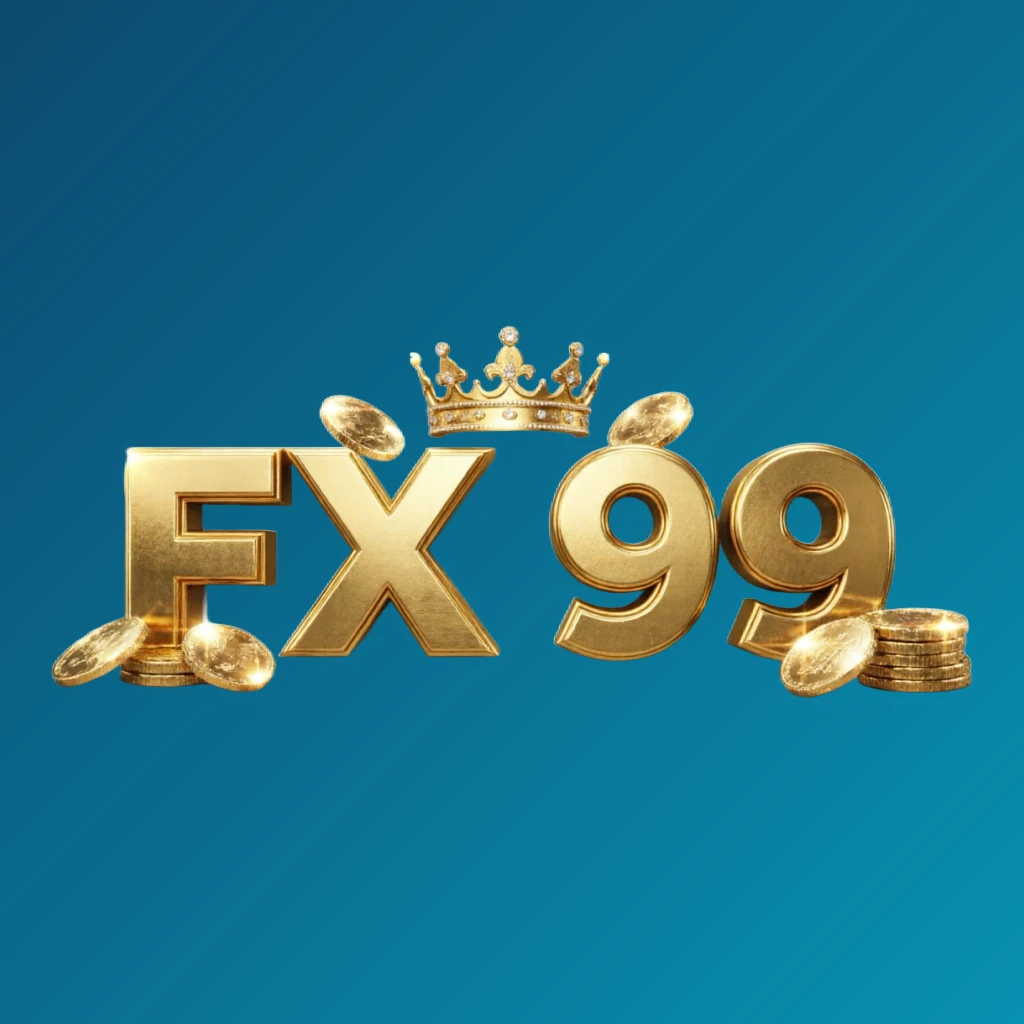 FX 99 casino-style logo featuring golden letters with a crown element and sparkling coins, set in a luxury gaming atmosphere with a wide horizontal rectangular design and transparent background