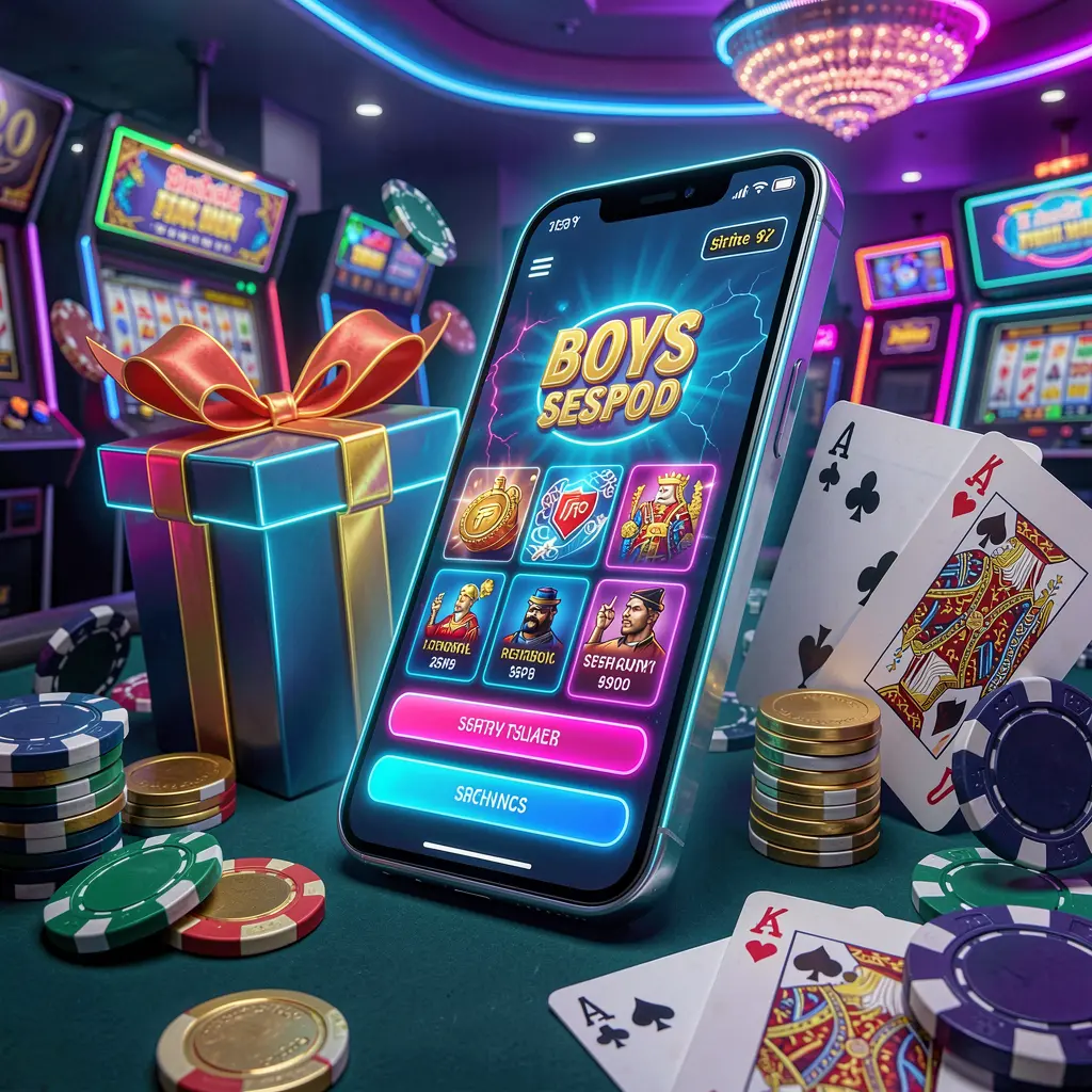 FX 99 modern casino website hero scene featuring a smartphone with a glowing interface surrounded by a bonus gift box, chips, coins, and playing cards in a premium neon casino style